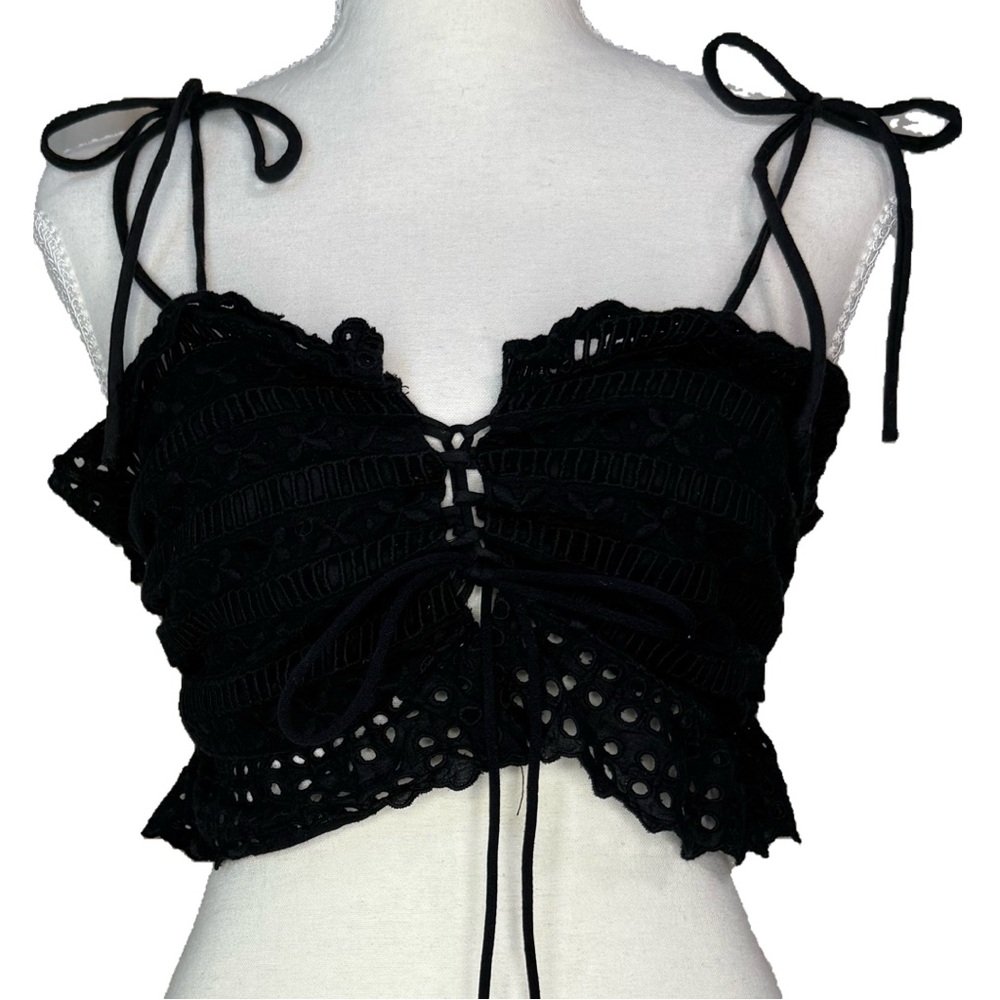 Black Lace Tie Strap Crop Top Eyelet Bralette Style